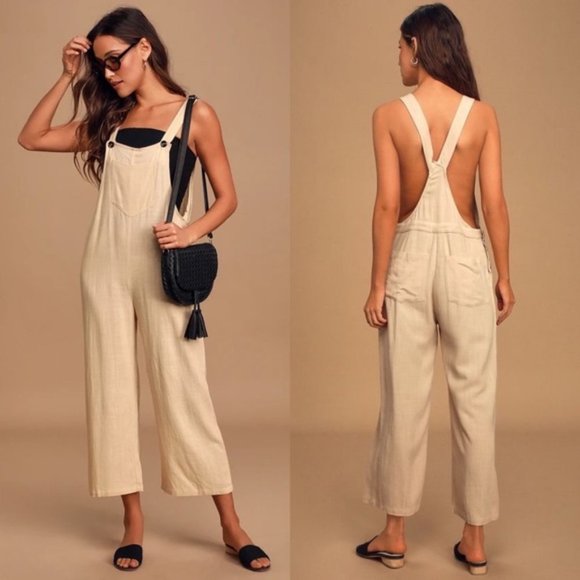 Lulus Pants - Lulus Beige Wide-Leg Cropped Overalls Size Large, flawed